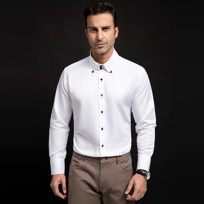 Spring/Autumn Men’s High-Neck Shirt with Crystal Button – Elegant Plain Slim Fit Top