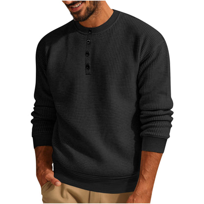 Men’s Solid Color Loose Waffle Henley Shirt – Casual Round Neck Long Sleeve Top