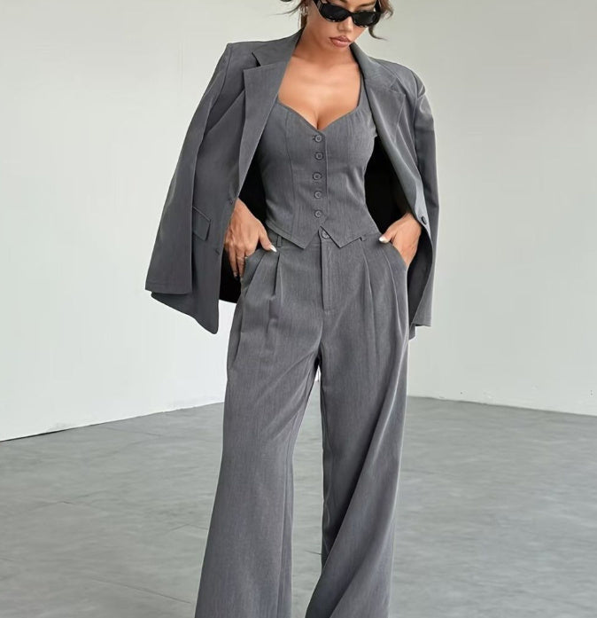 Women’s 3-Piece Solid Color Lapel Top Set – Front-Buttoned Long-Sleeve with Pockets