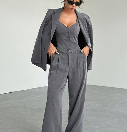 Women’s 3-Piece Solid Color Lapel Top Set – Front-Buttoned Long-Sleeve with Pockets